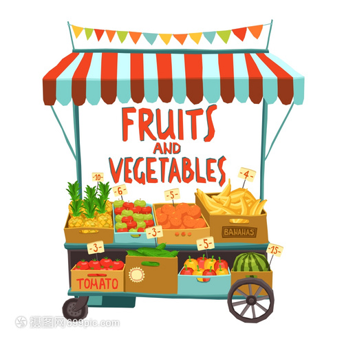 街头销售推车与水果蔬菜卡通矢量插图带水果的手推车